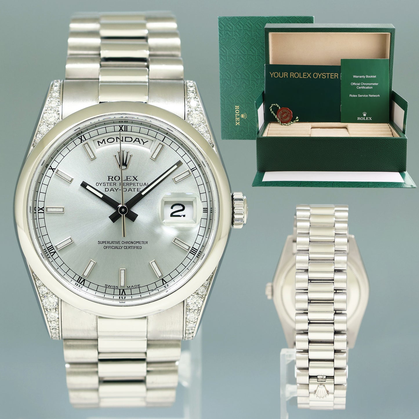MINT Rolex 118296 Platinum President Glacier Blue Stick Diamond Day Date 36mm Watch