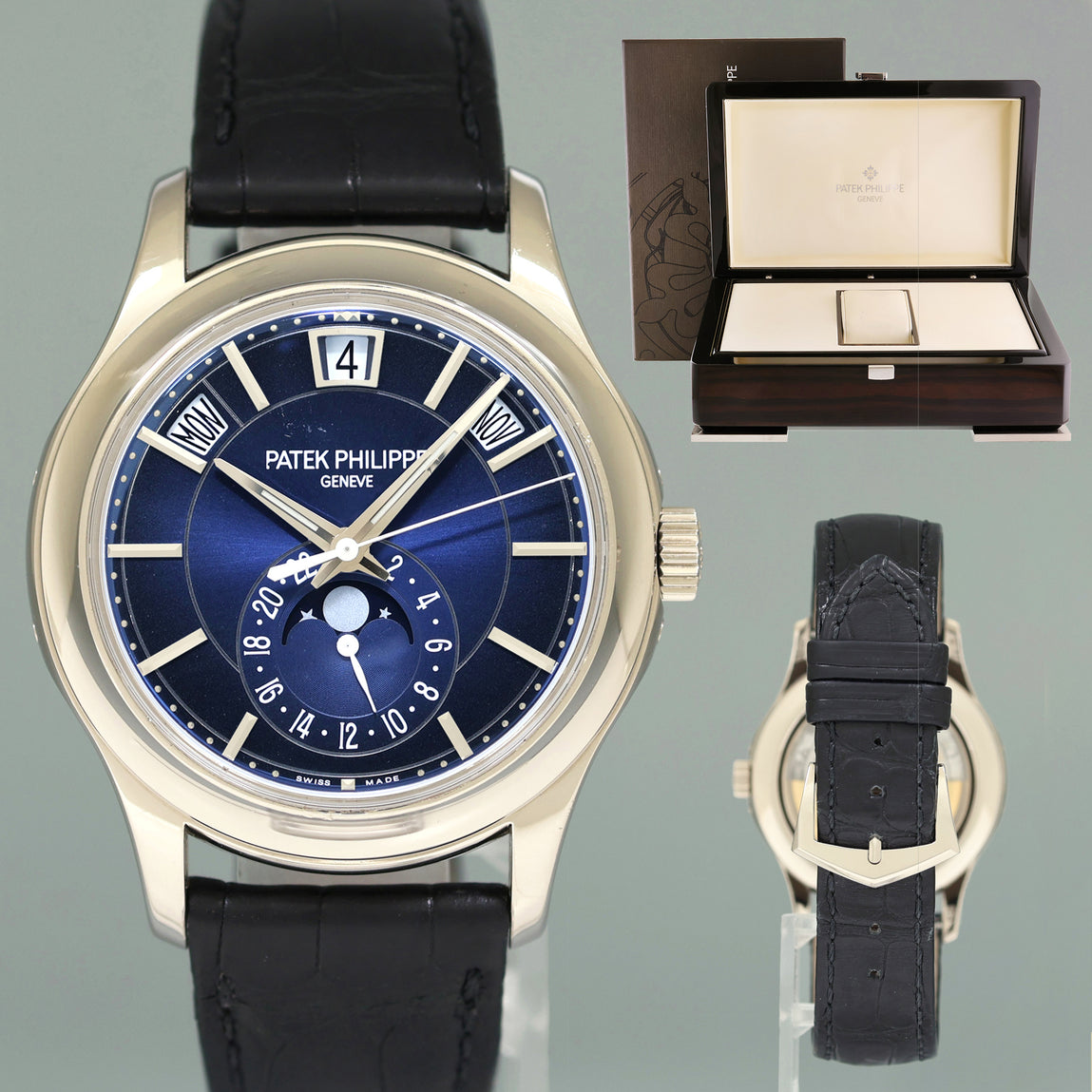 2022 PAPERS Patek Philippe 5205G White Gold Annual Calendar Moon Phase Blue Watch Huntington Watch