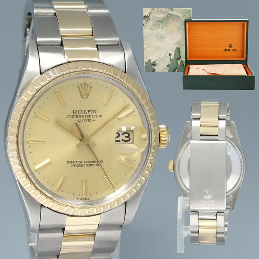MINT Rolex Oyster Perpetual Date Two Tone Steel Gold Champagne Oyster Watch 15053
