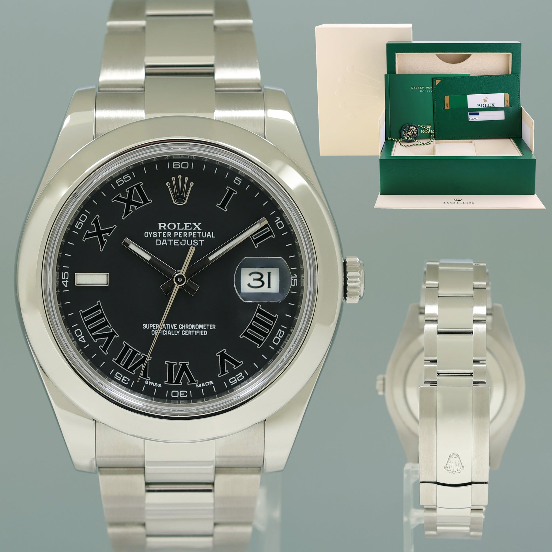 PAPERS MINT 2014 Rolex Datejust II 116300 Black Wimbledon Oyster 41mm Watch Box