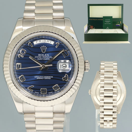 PAPERS MINT Rolex Day Date 2 218239 White Gold 41MM President Blue Wave Watch Box