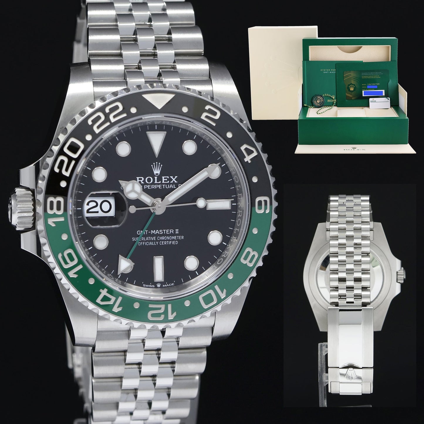 NEW PAPERS Rolex GMT-Master II 126720 SPRITE Green Black Jubilee Steel Watch Box