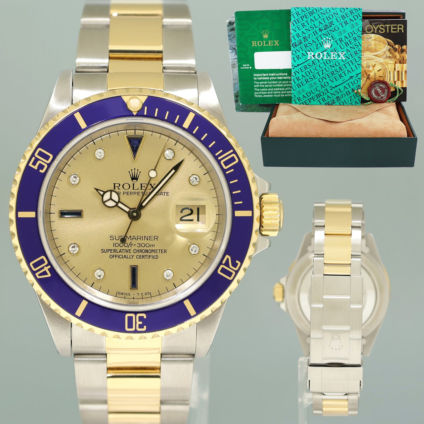 MINT Rolex Submariner 16613 Two Tone Gold Champagne Serti Diamond Watch Box