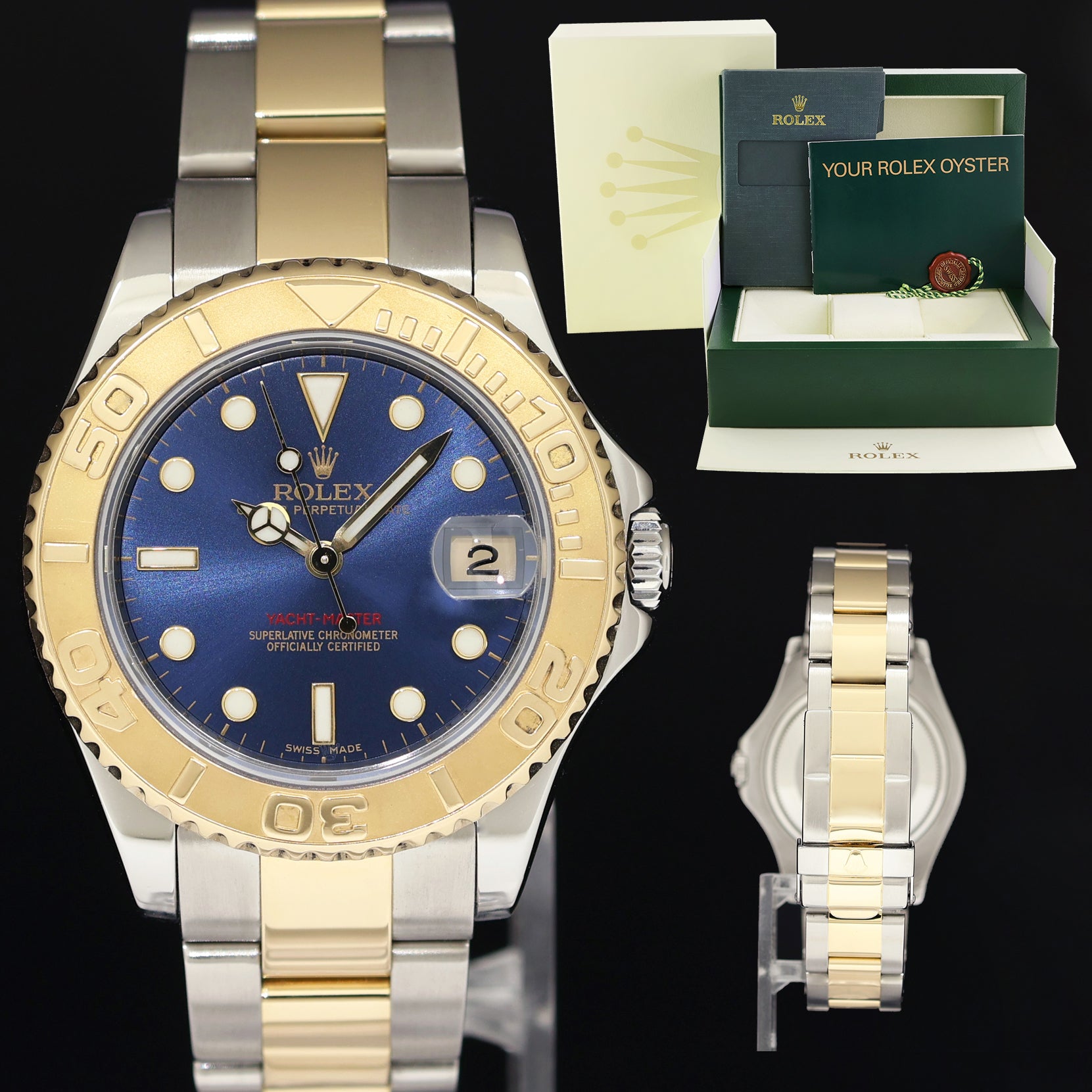 2011 MINT Ladies Rolex Yacht-Master 168623 35mm Gold Two Tone Blue Watch Box
