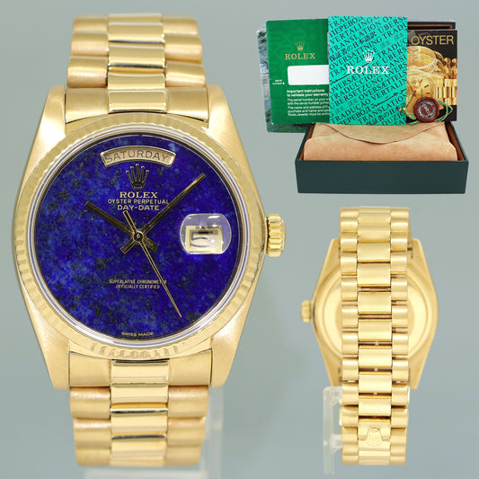 MINT Rolex 36mm President Day Date Blue Lapis 18038 Quick Set Yellow Gold 36mm Watch