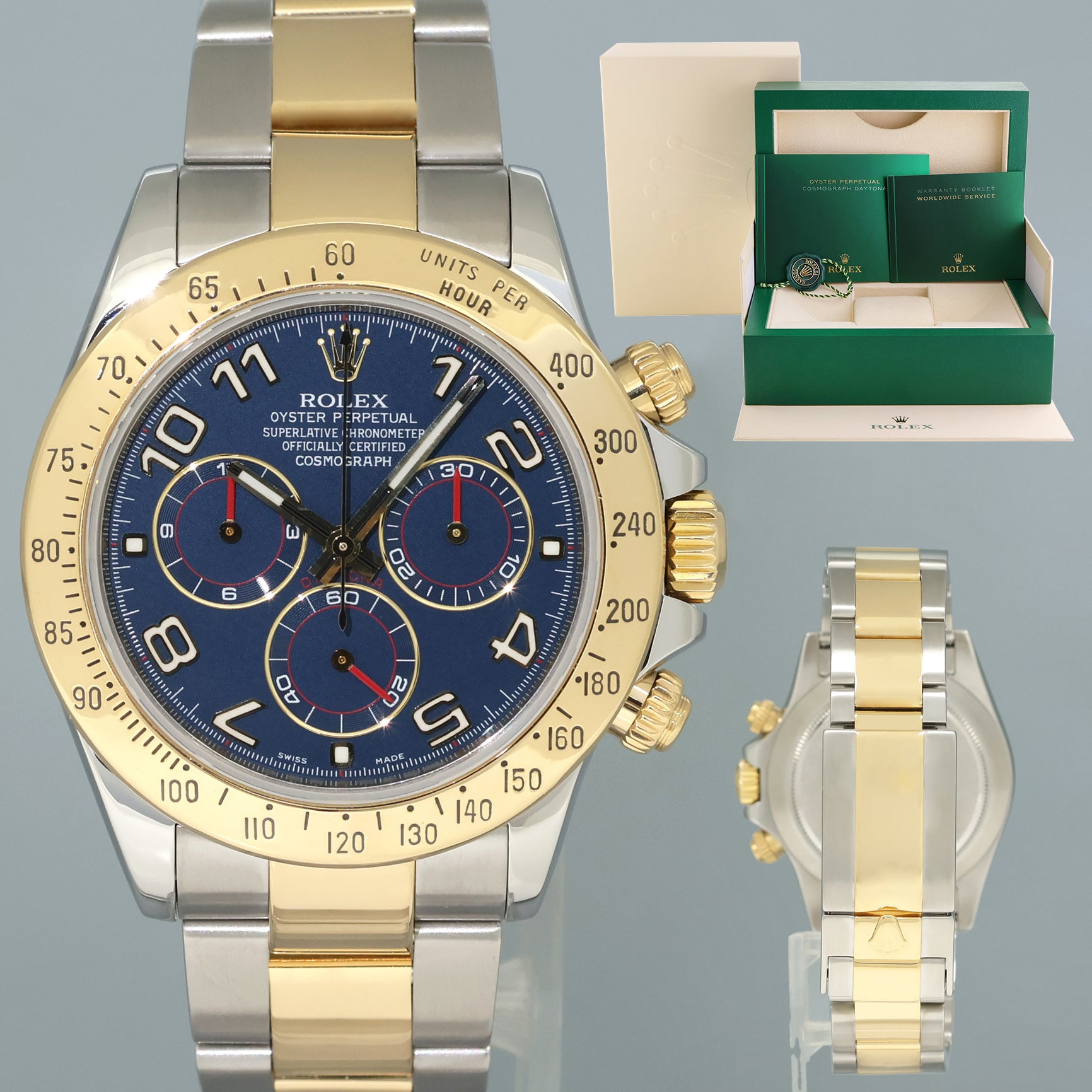 2015 MINT Rolex Daytona 116523 Blue Arabic Red Steel Yellow Gold Two Tone Watch Box