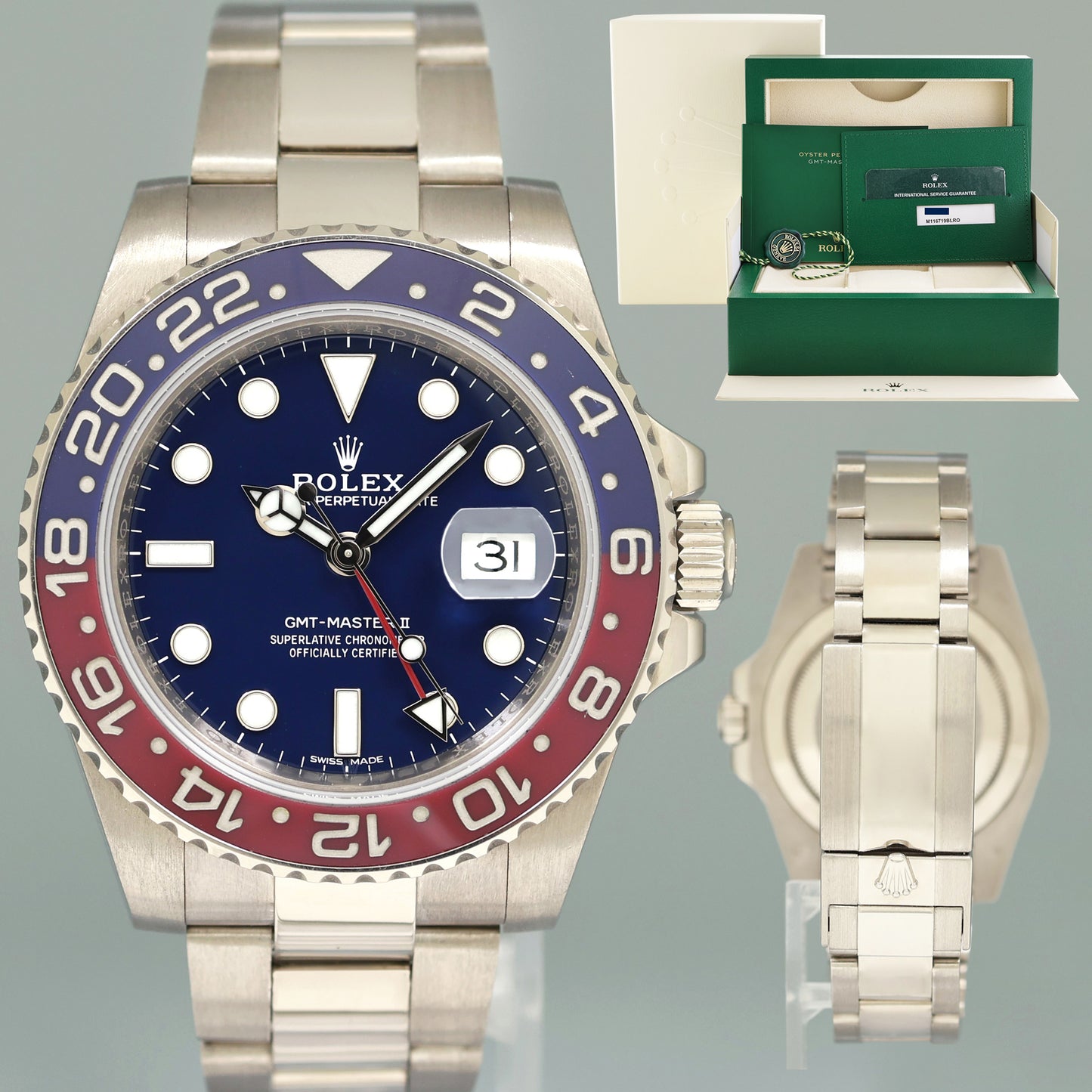 2023 RSC PAPERS MINT Rolex GMT-Master II Pepsi White Gold Blue Dial 116719BLRO Watch Box