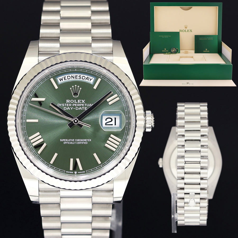 2024 MINT Rolex Platinum Fluted President 40mm Olive Green Roman 228236 Watch Box