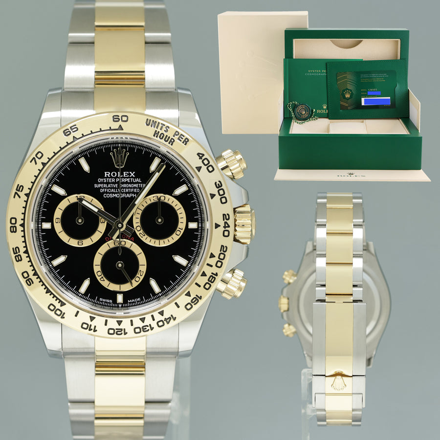 2024 NEW PAPERS Rolex Daytona 126503 Black Chronograph Two Tone Gold Steel Watch