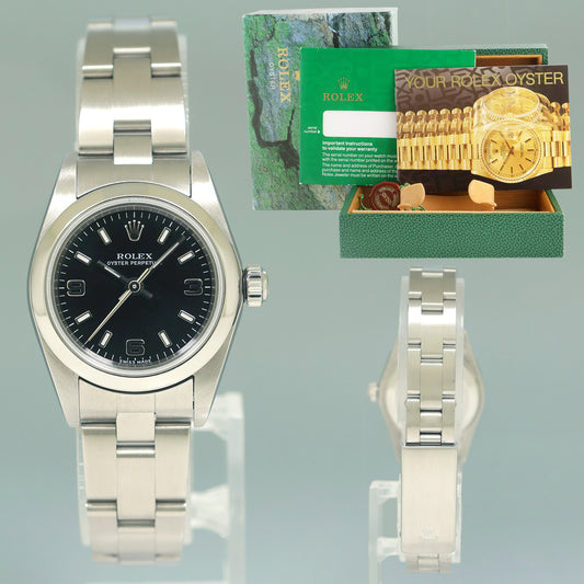 Ladies Rolex 24mm Steel 76080 Black Dial Oyster Perpetual Watch Box