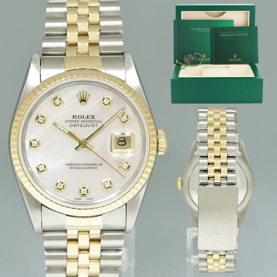 MINT Rolex 16233 DateJust 36mm Mother of Pearl Diamond Two-Tone Yellow Gold Jubilee Watch Box