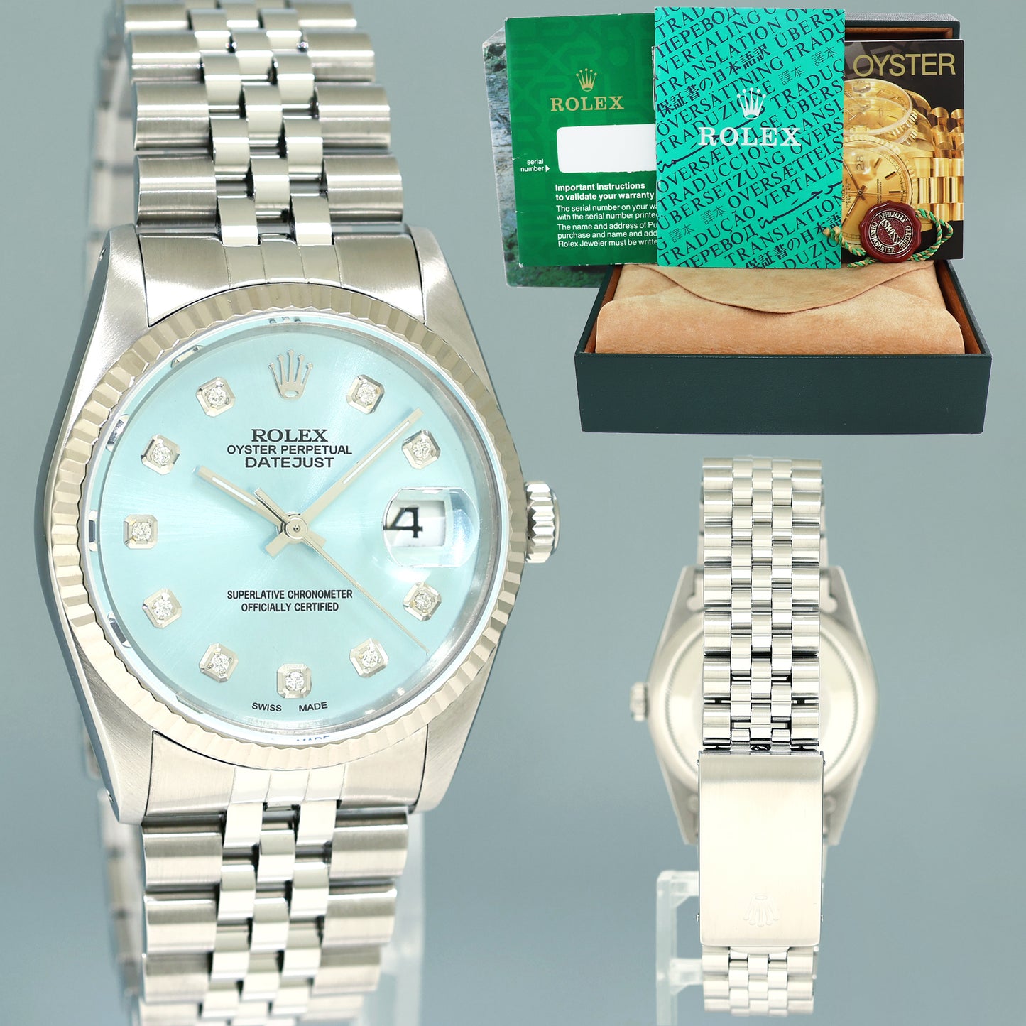 MINT Rolex DateJust 16234 Blue Diamond Jubilee White Gold Fluted 36mm Watch Box