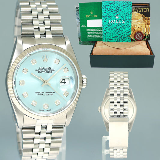 MINT Rolex DateJust 16234 Blue Diamond Jubilee White Gold Fluted 36mm Watch Box