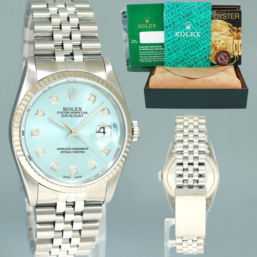 MINT Rolex DateJust 16234 Blue Diamond Jubilee White Gold Fluted 36mm Watch Box