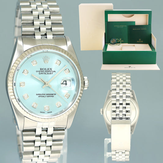MINT Rolex DateJust 16234 Glacier Blue Diamond Jubilee White Gold Fluted 36mm Watch Box