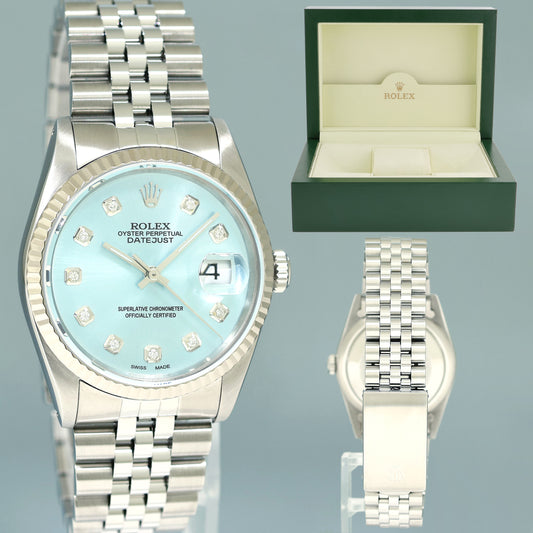 MINT Rolex DateJust 16234 Blue Diamond Jubilee White Gold Fluted 36mm Watch Box