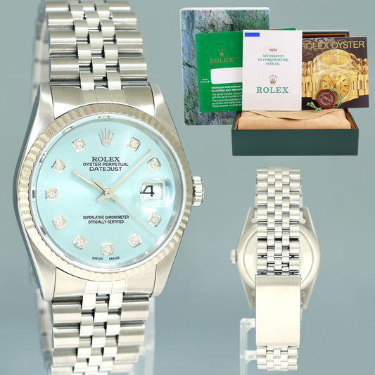 MINT PAPERS Rolex DateJust 16234 Glacier Blue Diamond Jubilee White Gold Fluted 36mm Watch Box