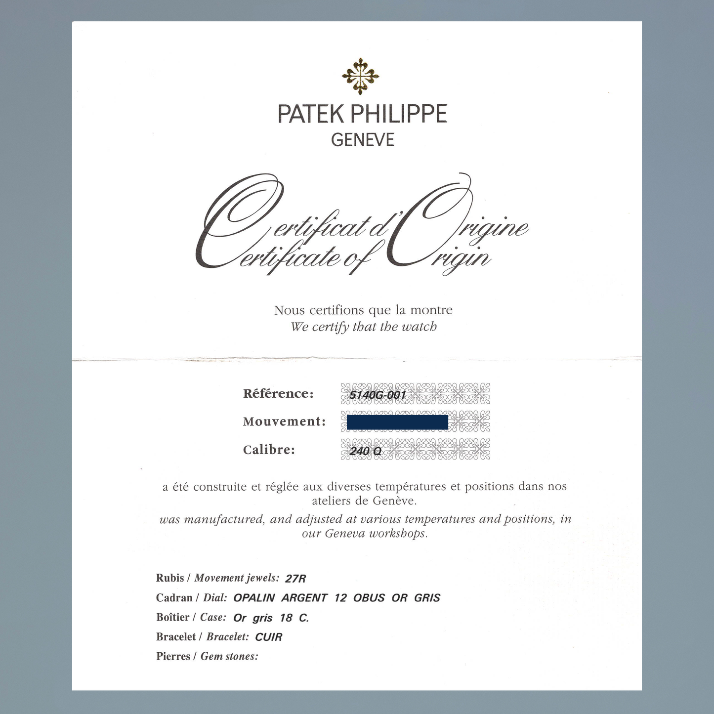 2012 PAPERS Patek Philippe 5140G 37mm White Gold Perpetual Grand Complication Watch