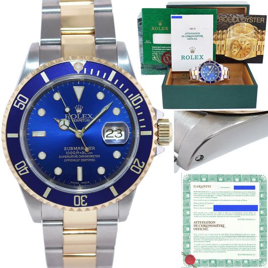 PAPERS 2000 Rolex Submariner 16613 Gold Steel Two Tone Sunburst Blue Watch