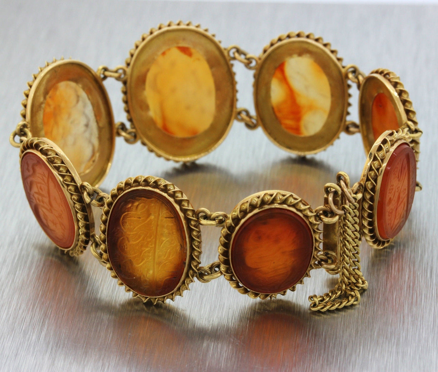 1890s Persian Antique Victorian 22k Yellow Gold Carved Orange Agate Bracelet