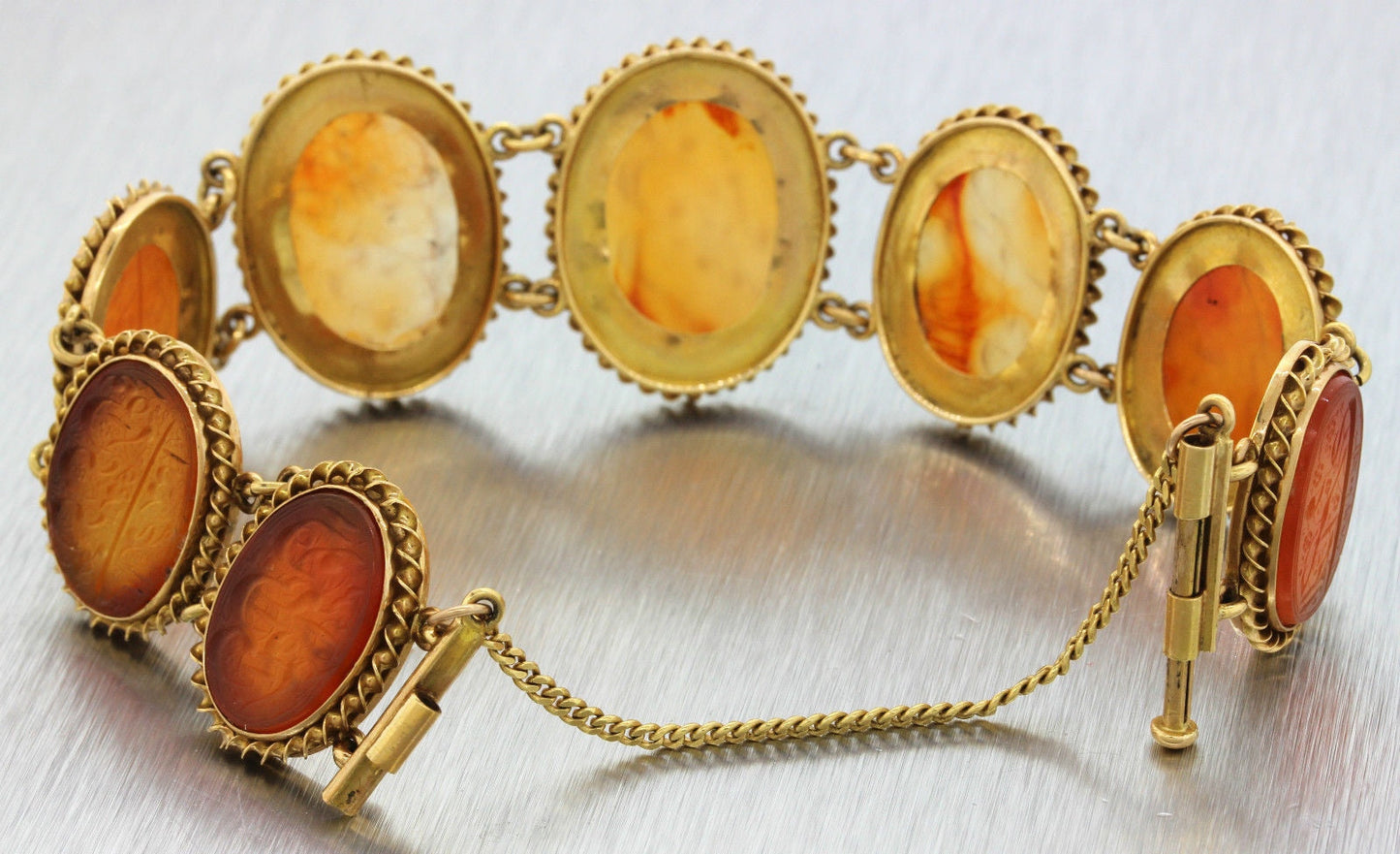 1890s Persian Antique Victorian 22k Yellow Gold Carved Orange Agate Bracelet