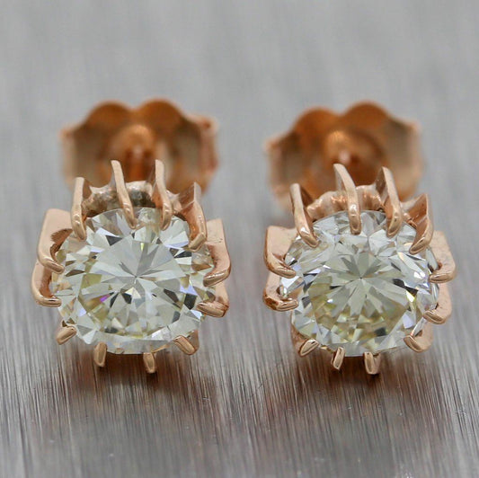 Vintage Estate 14k Rose Gold 1.75ctw Diamond Stud Earrings