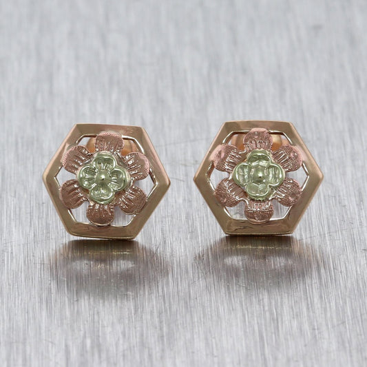 1930's Antique Art Deco 14k Yellow & Rose Gold Flower Earrings