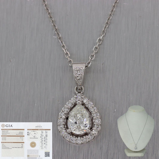 Pear Shape 0.69ct GIA 14k White Gold 0.94ctw Diamond Halo Teardrop 19" Necklace