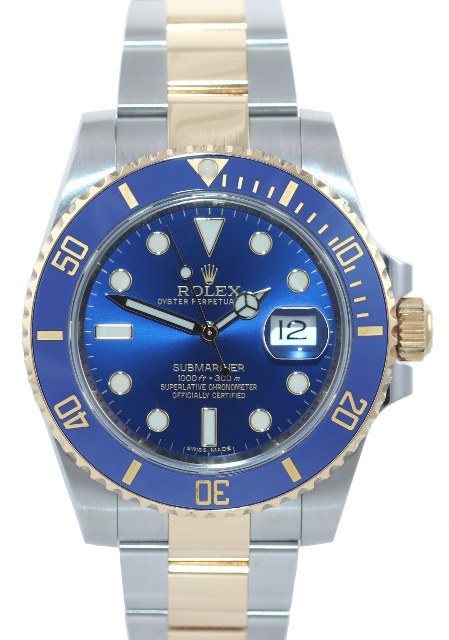 2015 MINT BOX PAPERS Rolex Submariner Blue Ceramic 116613 Two Tone Gold Watch