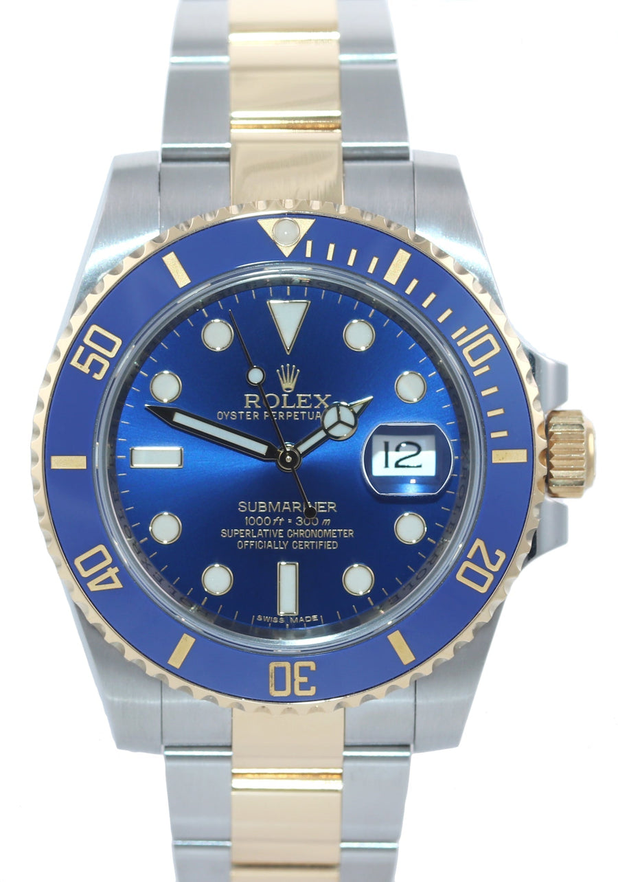 2015 MINT BOX PAPERS Rolex Submariner Blue Ceramic 116613 Two Tone Gold Watch