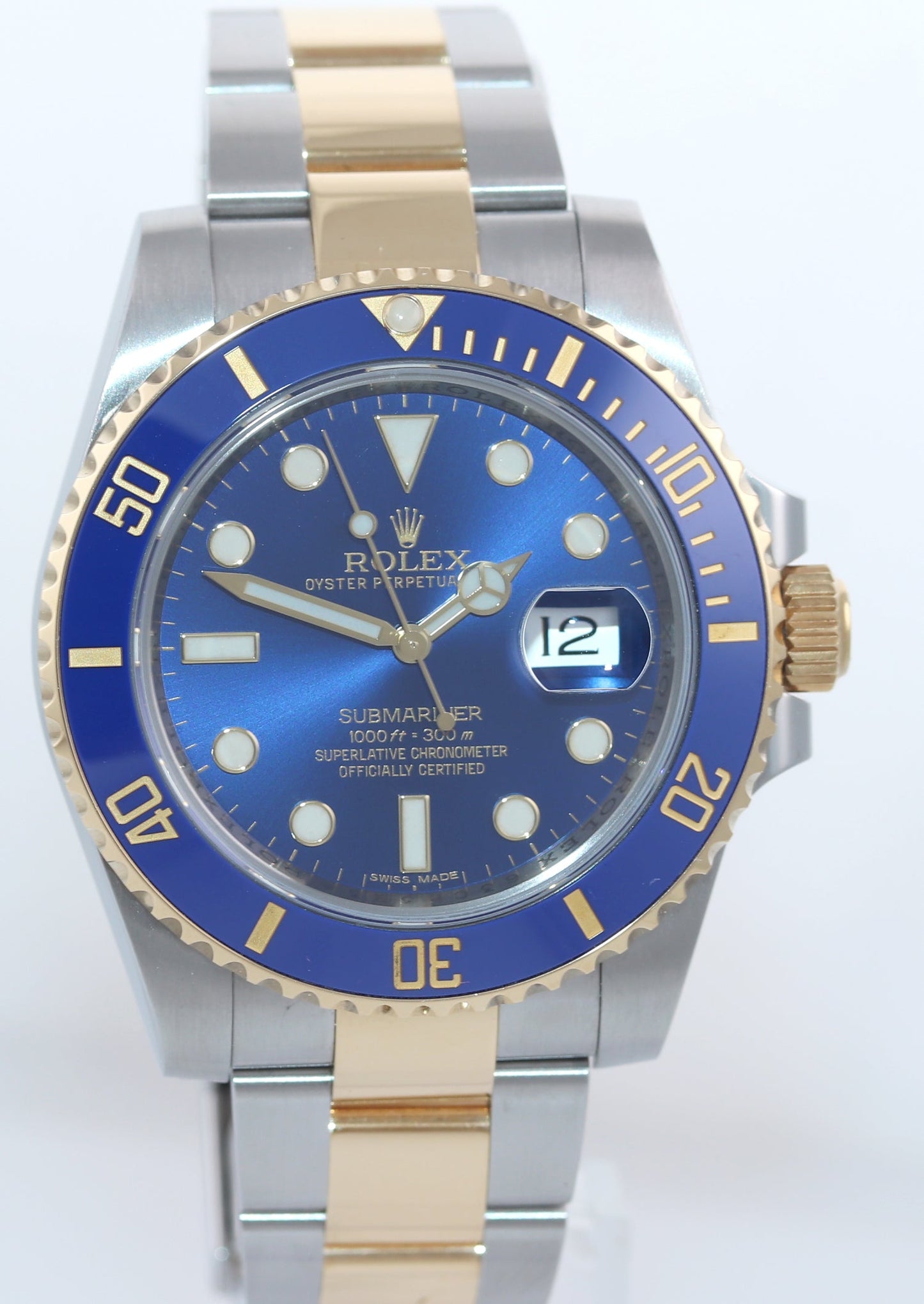2015 MINT BOX PAPERS Rolex Submariner Blue Ceramic 116613 Two Tone Gold Watch