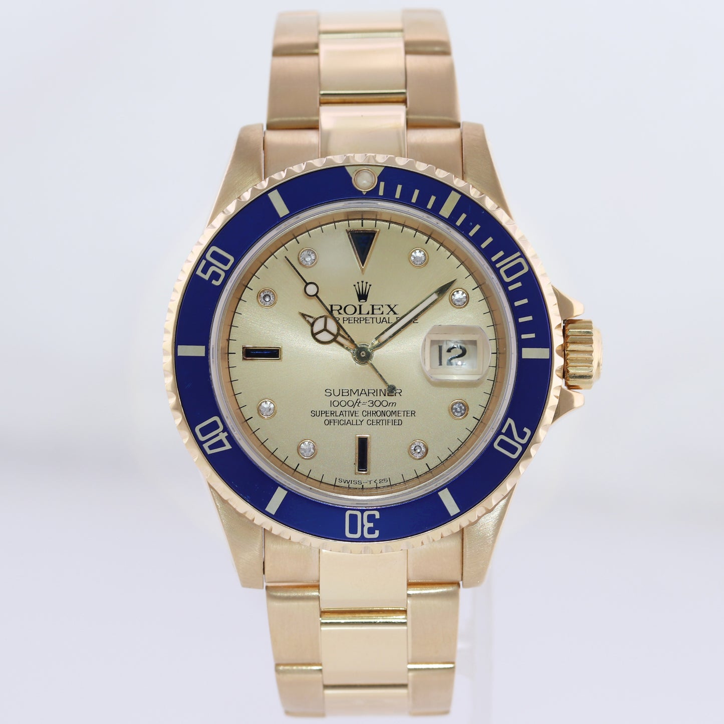 Rolex 16618 Submariner Yellow Gold Blue Champagne Serti Diamond 40MM Watch Box