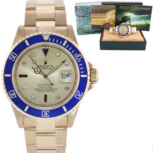 Rolex 16618 Submariner Yellow Gold Blue Champagne Serti Diamond 40MM Watch Box