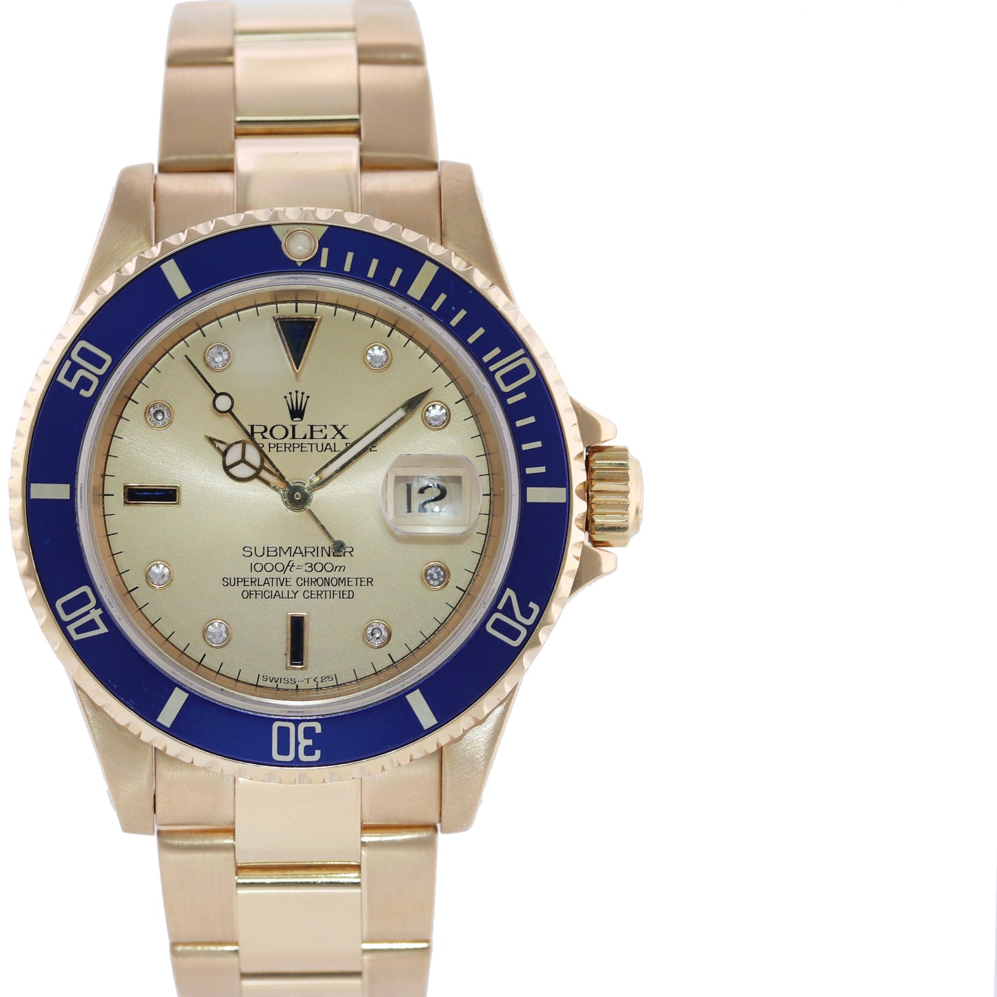 Rolex 16618 Submariner Yellow Gold Blue Champagne Serti Diamond 40MM Watch Box