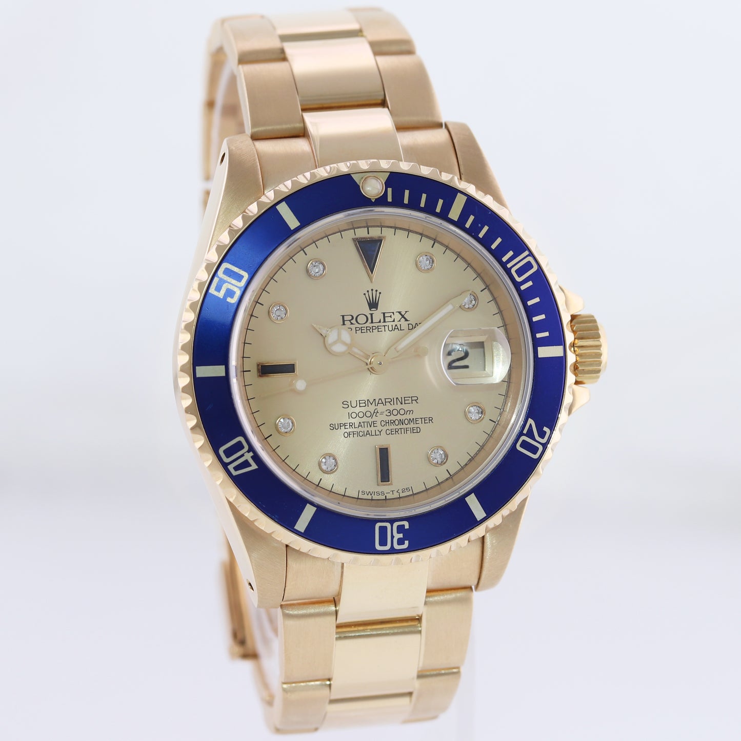 Rolex 16618 Submariner Yellow Gold Blue Champagne Serti Diamond 40MM Watch Box