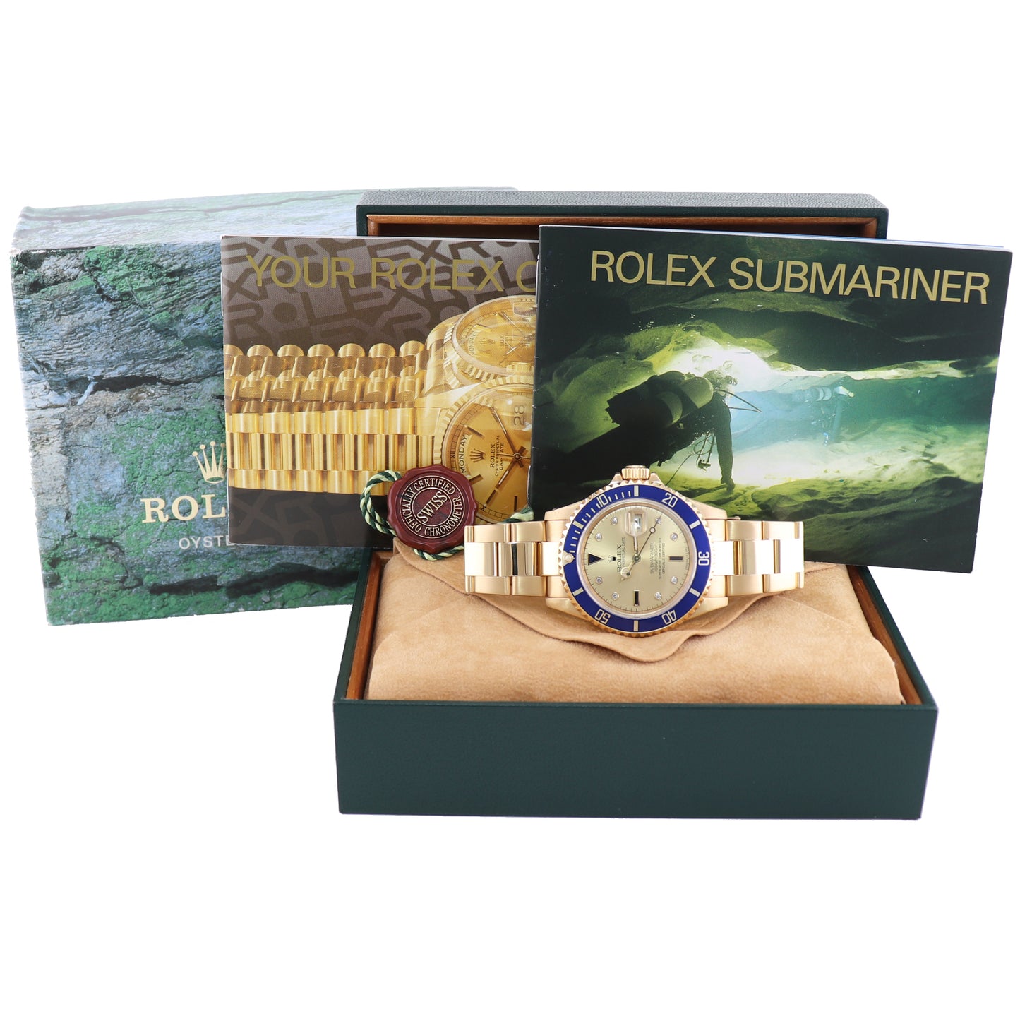 Rolex 16618 Submariner Yellow Gold Blue Champagne Serti Diamond 40MM Watch Box