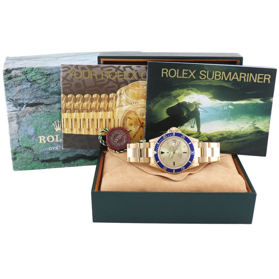 Rolex 16618 Submariner Yellow Gold Blue Champagne Serti Diamond 40MM Watch Box