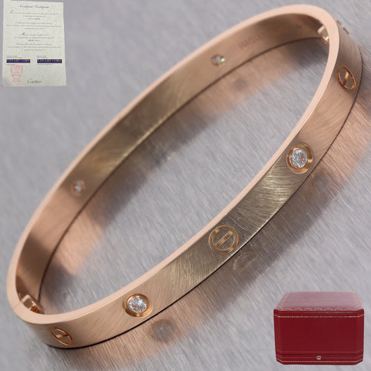 2020 Cartier 18k Rose Gold 4 Diamond Love Bangle Bracelet Size 20