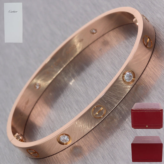 2018 Cartier 18k Rose Gold 4 Diamond Love Bangle Bracelet Size 16