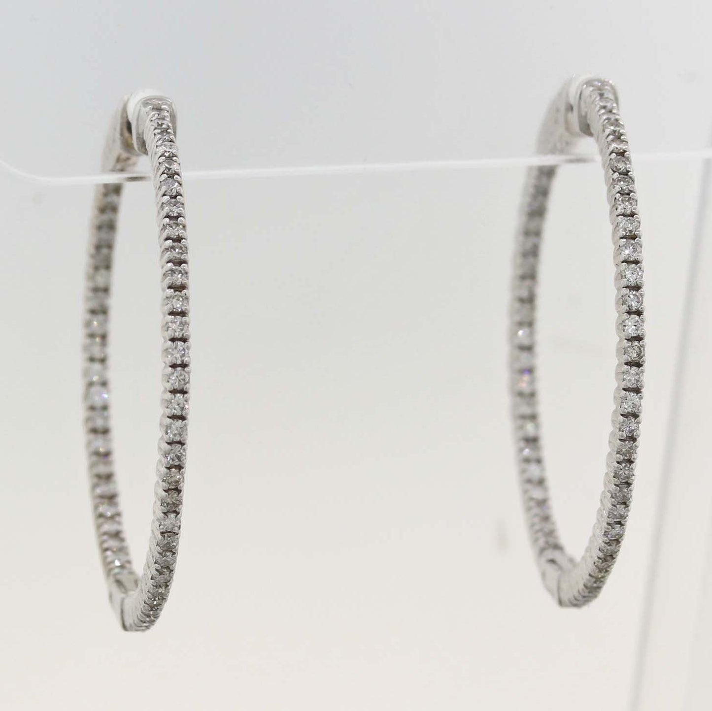 Modern Thin 14k White Gold 1.23ctw Diamond In & Out Hoop Earrings