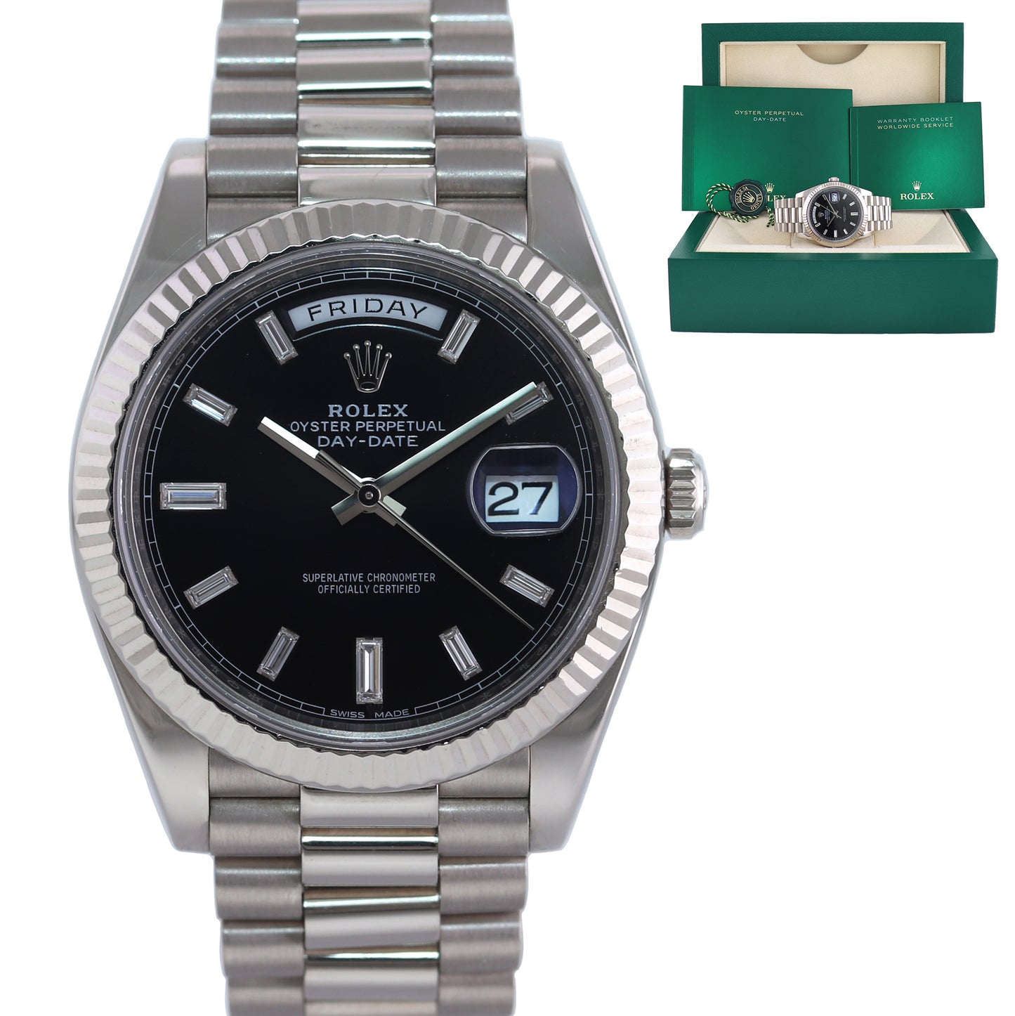 2021 MINT Rolex Day Date 40 White Gold President Black Diamond Baguette 228239 Watch