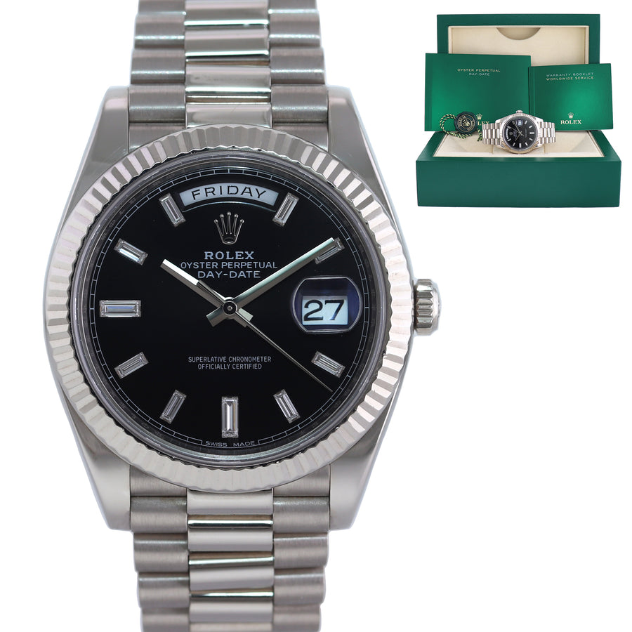 2021 MINT Rolex Day Date 40 White Gold President Black Diamond Baguette 228239 Watch