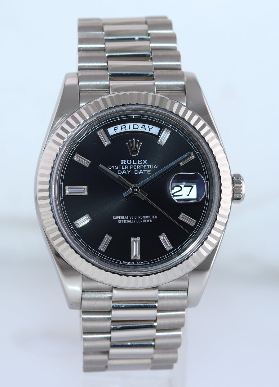 2021 MINT Rolex Day Date 40 White Gold President Black Diamond Baguette 228239 Watch