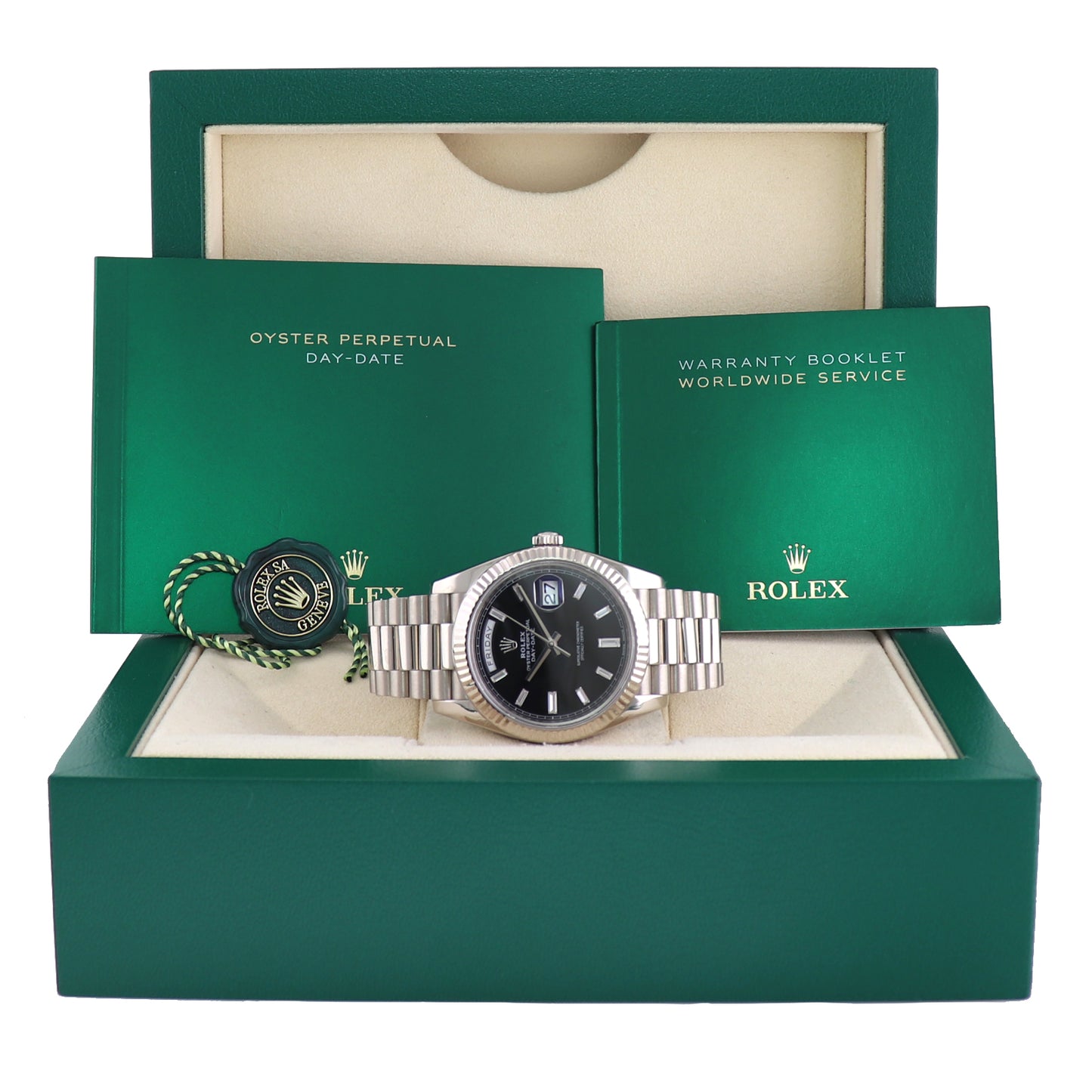 2021 MINT Rolex Day Date 40 White Gold President Black Diamond Baguette 228239 Watch
