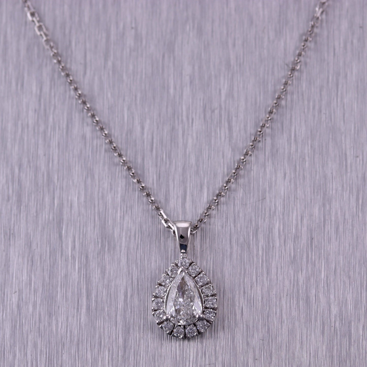 Modern 14k White Gold 1.01ctw Tear Drop Pear Shape Diamond Halo 18" Necklace