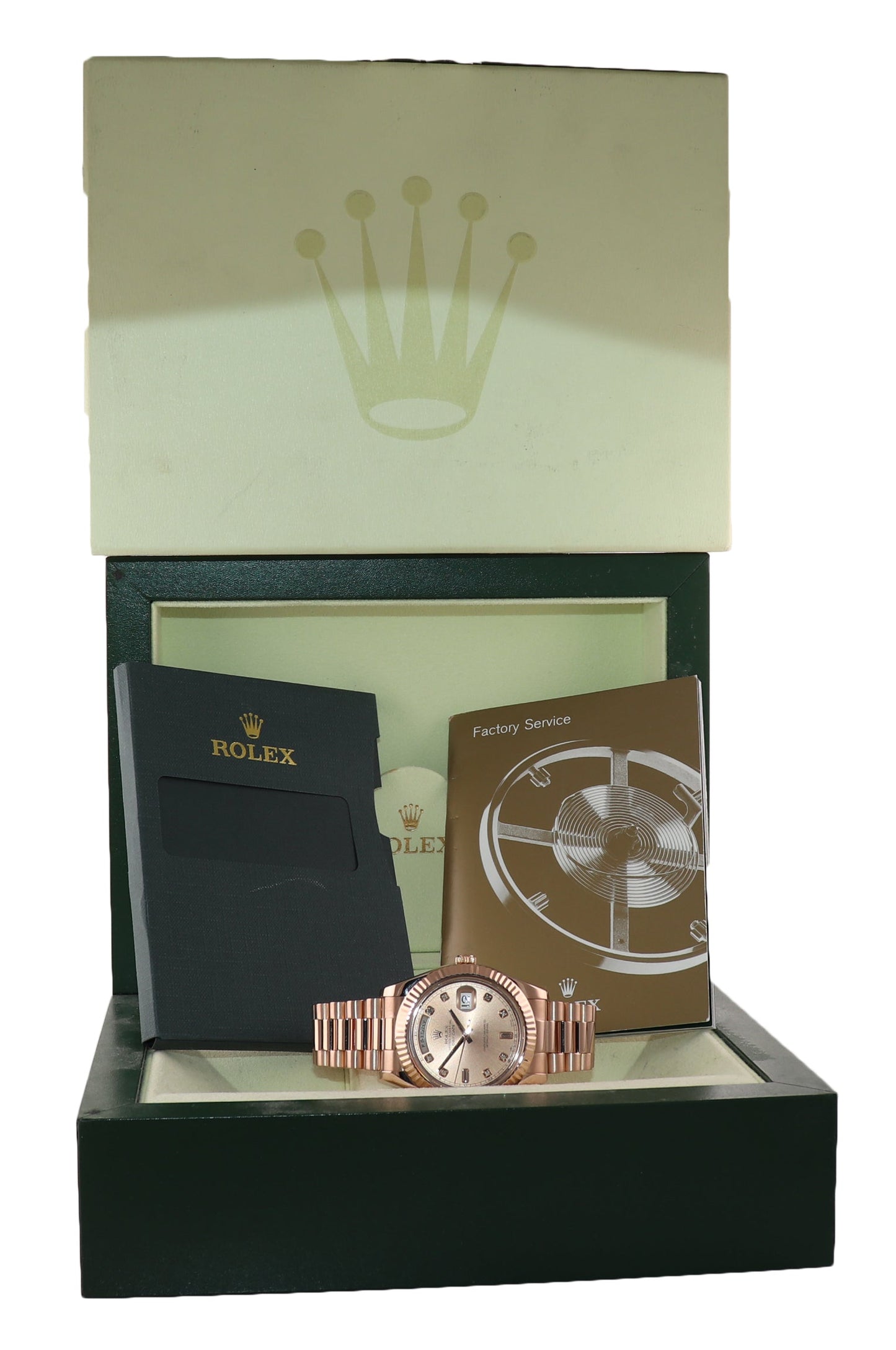 MINT 2009 Rolex 218235 Day Date II President 18k Everose Gold Diamond 41mm Watch Box