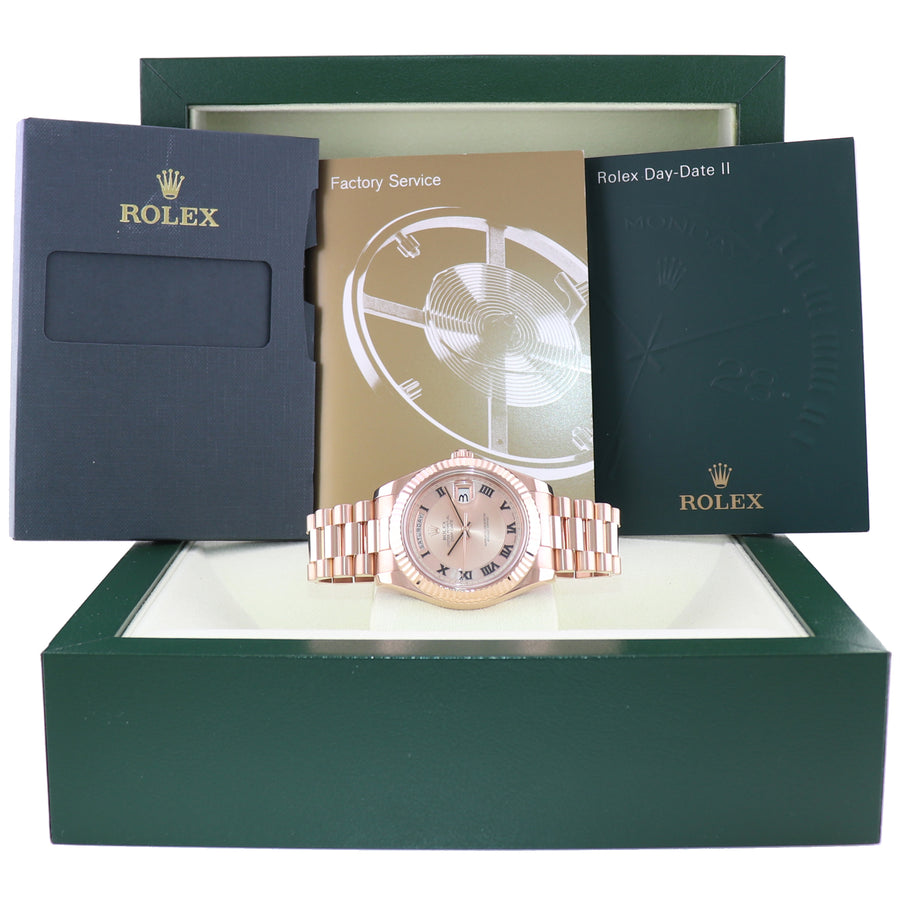 MINT PAPERS Rolex 218235 Day Date II President Rose Gold Concentric Roman 41mm Watch