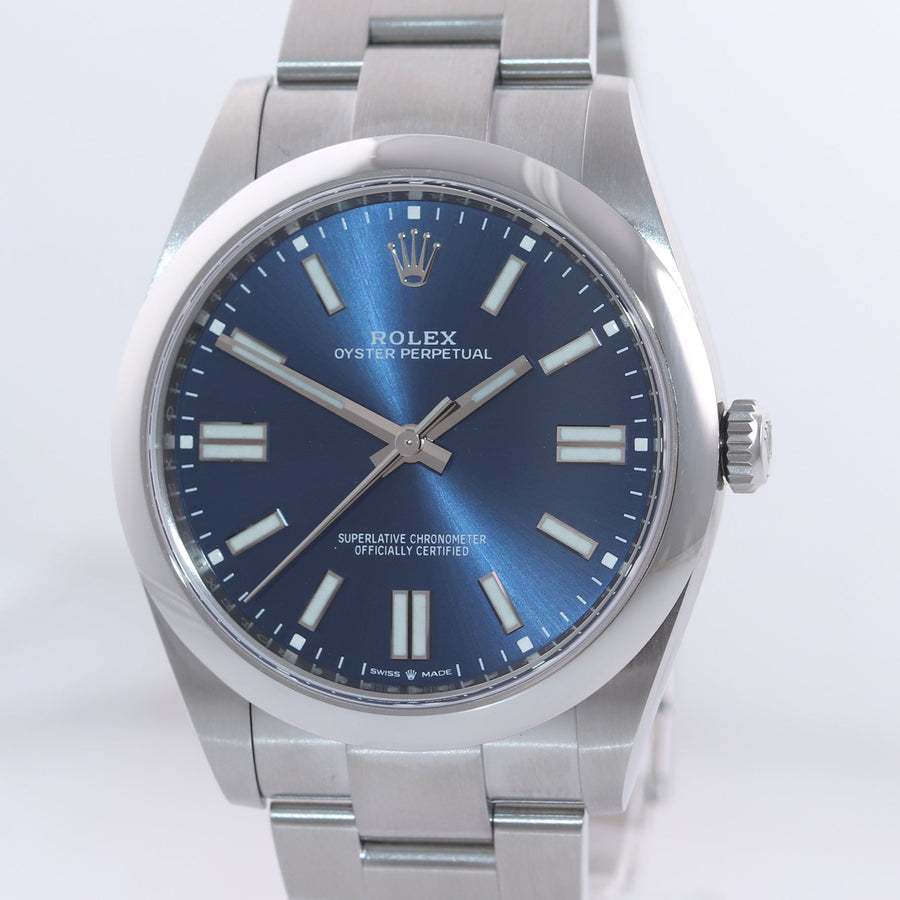 2022 NEW PAPERS Rolex Oyster Perpetual 41mm Blue Stick Oyster Watch 124300 Box