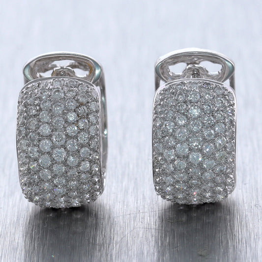 Modern 18k White Gold 2.90ctw Pave Diamond Huggie Earrings