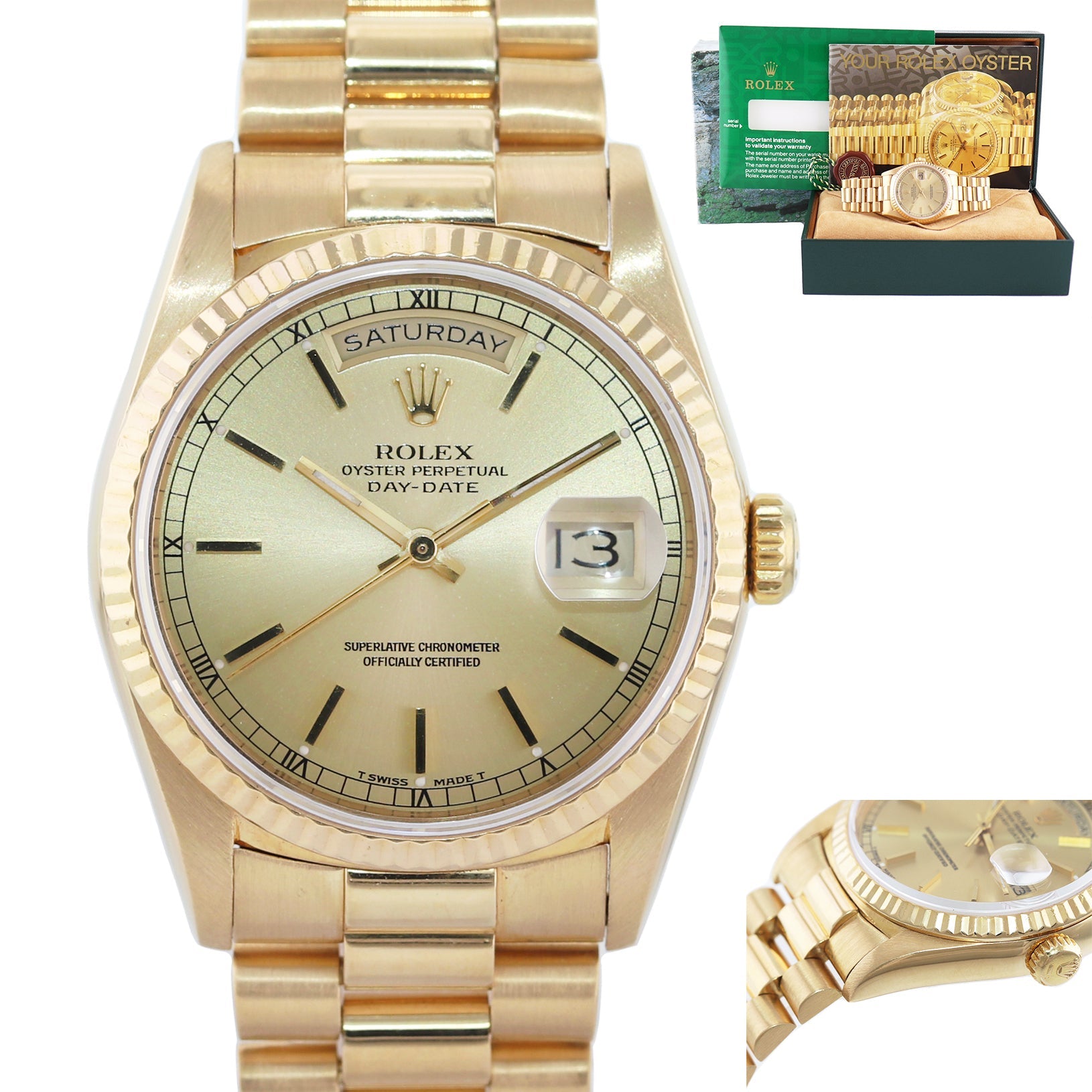 MINT 18238 Rolex President Champagne Stick Yellow Gold Double Quickset Watch Box
